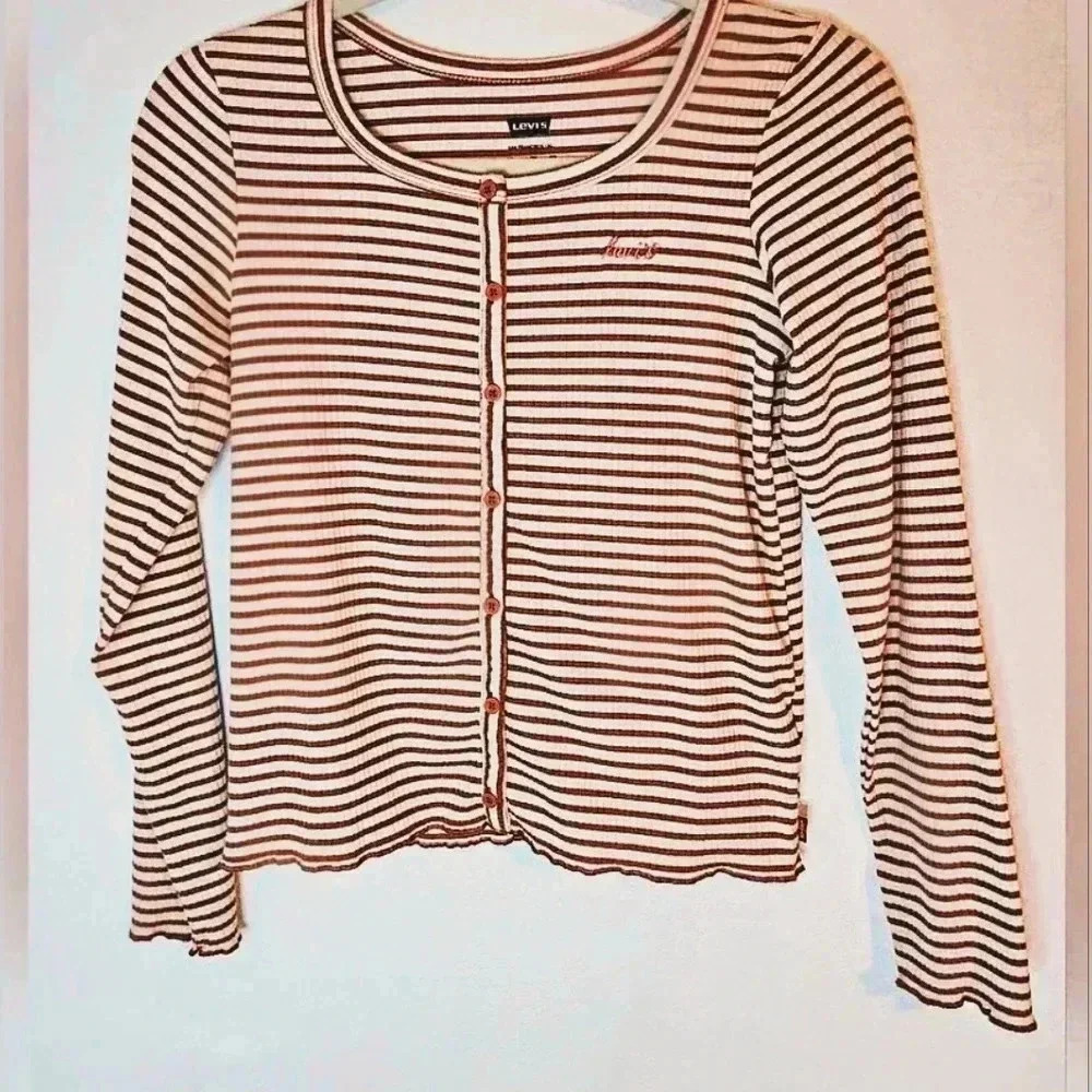 Levi's Crop Top Striped Monica Burnt Org and Cream Long Sleeve Tee Women's XL